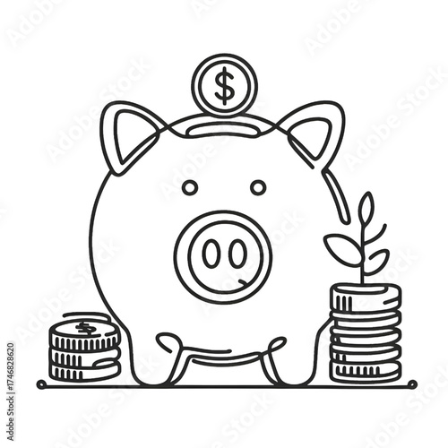 Drawing of a piggy bank. Single continuous line. Isolated on a white background.