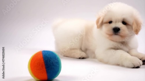 A fluffy Maltese puppy playfully pounces on a colorful toy ball in slow motion. This clean, isolated shot on a white background emphasizes its joyful energy and adorable clumsiness