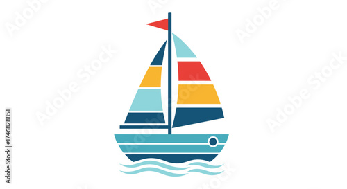 A vibrant sailboat with colorful stripes glides across wavy blue waters under a clear sky.