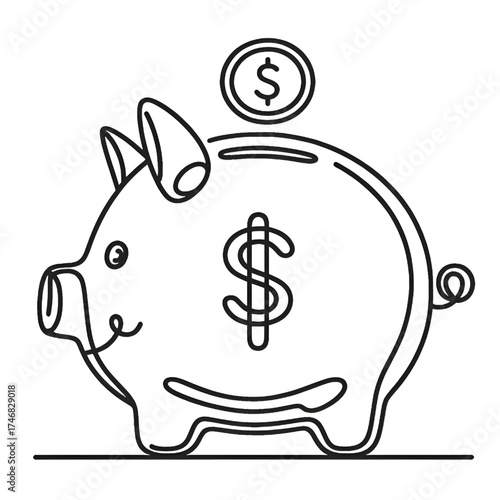 Drawing of a piggy bank. Single continuous line. Isolated on a white background.