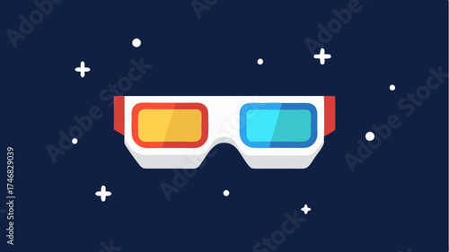A minimalist design featuring a pair of iconic 3D glasses overlaid on a starry night sky capturing the essence of the cinematic experience.