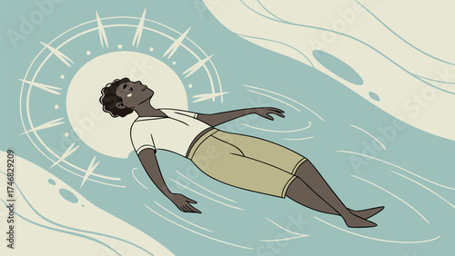 Relaxing carefree dark skinned person floats peacefully in water with the sun above, feeling calm and refreshed in nature, a moment of tranquility
