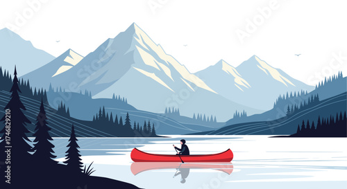 A lone canoeist paddles across a serene lake with majestic snow-capped mountains in the distance.
