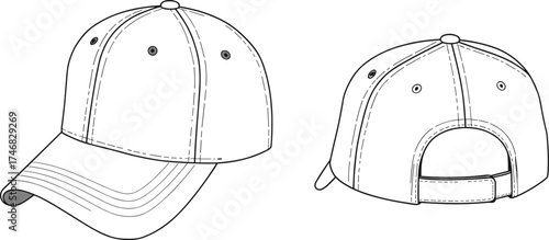 Baseball cap front and back view, adjustable strap design, curved brim hat, fashion accessory, casual headwear, sportswear style illustration