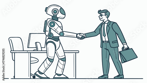 Futuristic handshake between a businessman and a robot at the office signals a new era of collaboration in tech and business partnerships