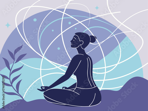Elegant woman in lotus position finding inner peace through mindful meditation and yoga practice for wellness and stress relief, promoting healthy lifestyle