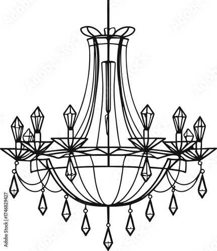 Minimalist line art of a chandelier with crystal shapes.