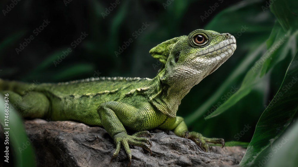 Fototapeta premium Detailed Green Lizard Resting on Rock Surrounded by Green Foliage