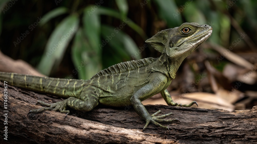 Fototapeta premium Green Lizard on Log Surrounded by Tropical Plants in Natural Habitat