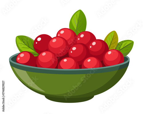 Cranberries in a bowl, fresh fruit element vector illustration isolated on white