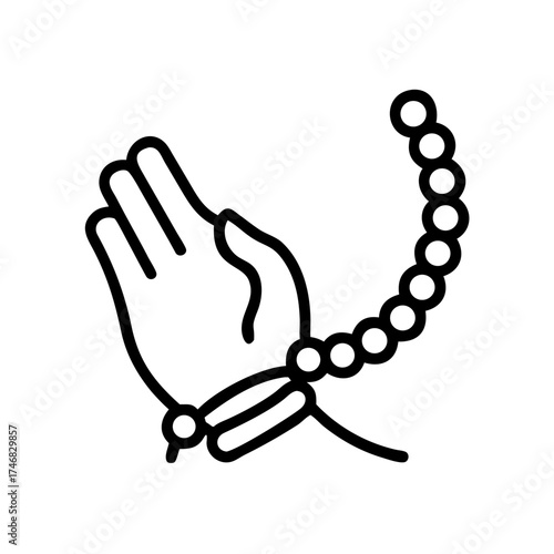An icon of a hand holding prayer beads, symbolizing meditation and spirituality. The image is a simple line drawing with a clean aesthetic.