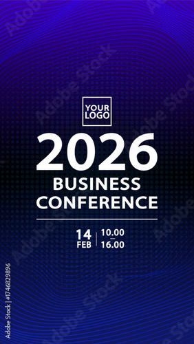 A professional business conference poster template. A minimalist dark blue background with an abstract halftone dot pattern. A formal layout for a corporate or financial summit event. Vertical vector.