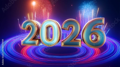 2026 New Year celebration with fireworks and futuristic glowing rings