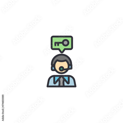 Icon of a male agent wearing a suit with chat bubble, representing real estate consultation, communication, and client service interaction in property sales.