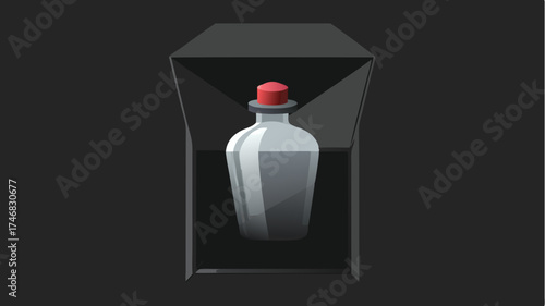 A sleek glass bottle with a minimalist cap resting in a velvetlined compartment within a sy matte black packaging structure exuding modern luxury.