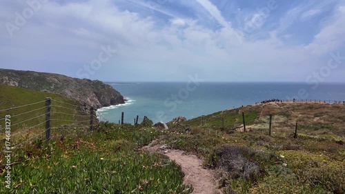 Scenic travel walk Cabo da Roca Portugal along ocean coast nature view summer trip outdoor journey