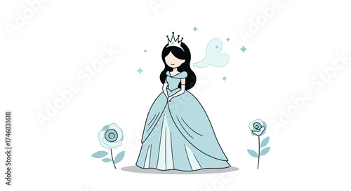 A graceful princess in a light blue gown with a tiara stands amidst soft roses and sparkles.