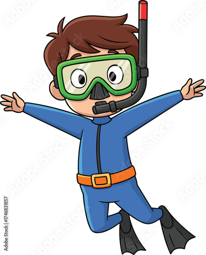Cartoon child scuba diving underwater, wearing snorkel mask, fins, wetsuit, happy expression, marine adventure, ocean exploration, kids activity, fun