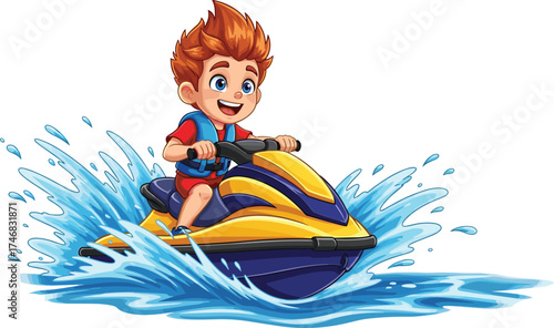 Cartoon child riding jet ski, summer water sport adventure, energetic splash motion, fun beach activity, white background vector illustration