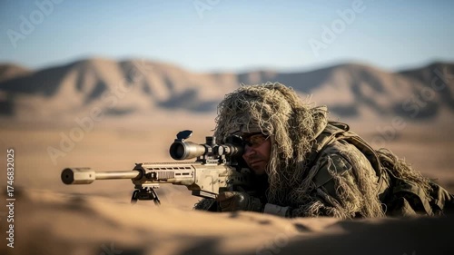 camouflaged marksman in ghillie suit lies prone in vast desert aiming precision rifle with scope and suppressor Distant mountains rise under clear blue sky