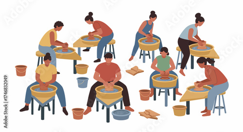 Group of people working on pottery wheels in a shared studio space