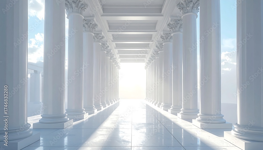 Obraz premium Long perspective of colonnade, bathed in bright, heavenly sunlight