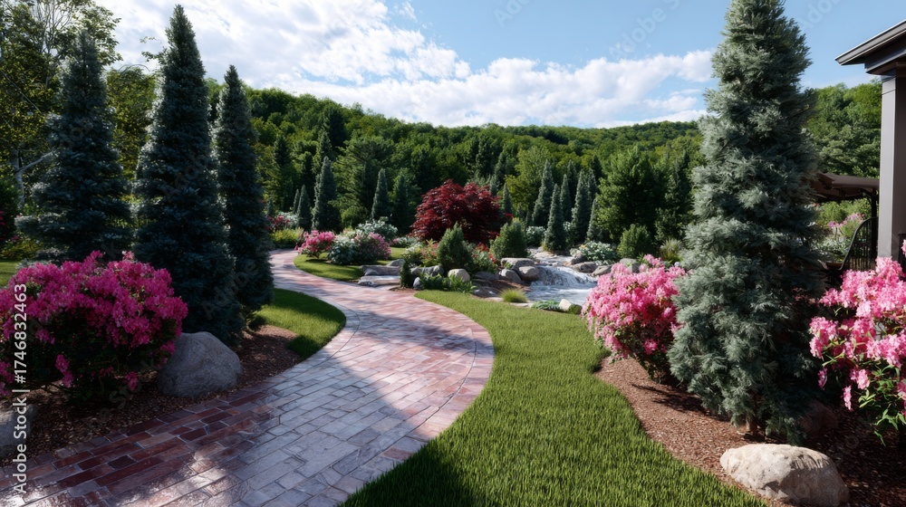 Obraz premium Beautiful garden pathway surrounded by lush greenery and colorful flowers on a sunny day in a tranquil setting