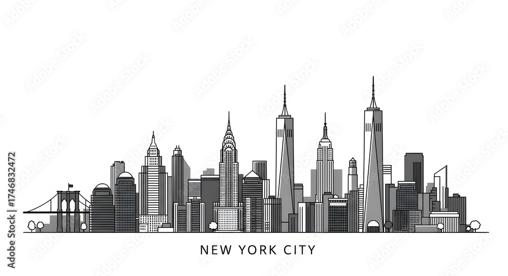 Naklejka premium New York City skyline outline vector illustration