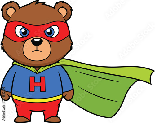Cartoon superhero bear character, red mask and green cape, bold stance, letter H costume, kids adventure theme, vector illustration