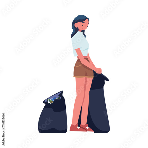Woman Character Collecting Garbage on Beach in Bag Vector Illustration