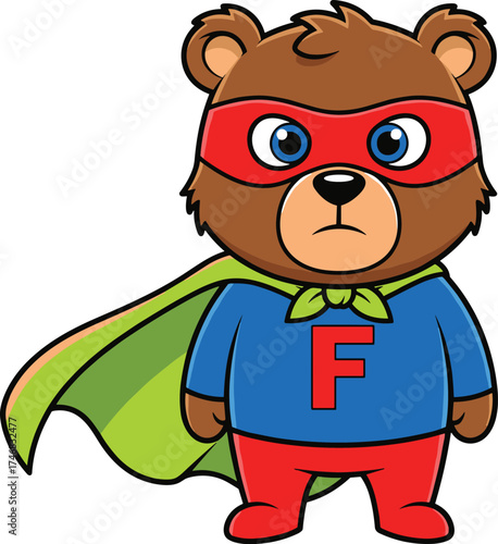 Cartoon superhero bear with red mask, green cape, letter F costume, serious expression, kids illustration, brave animal character, vector art