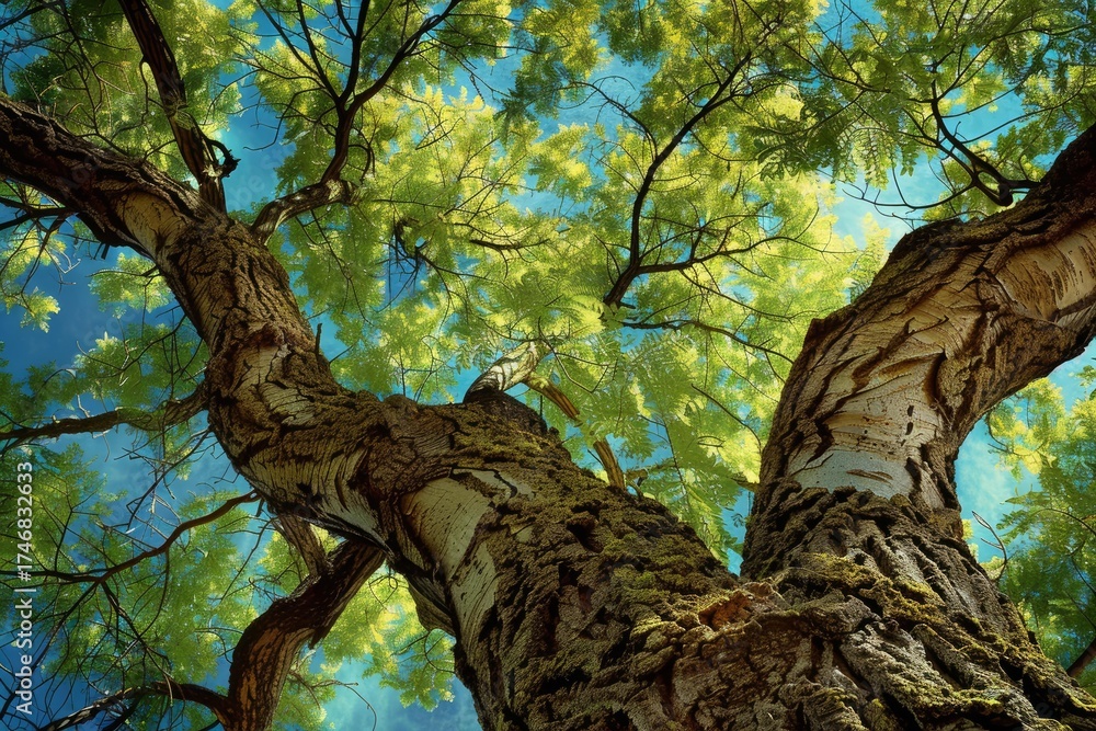 Fototapeta premium Sunlight filters through the vibrant green leaves of a majestic tree, its sturdy trunk reaching towards the clear blue sky