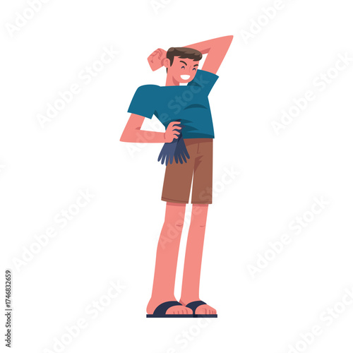 Man Character Collecting Garbage on Beach Stand with Gloves Vector Illustration