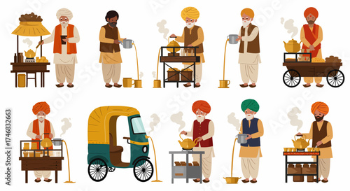 Multiple illustrations of South Asian men preparing and serving hot tea from various street stalls and carts