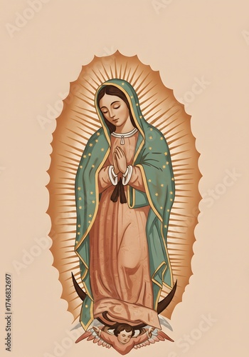 Respectful illustration of Our Lady of Guadalupe with radiant background