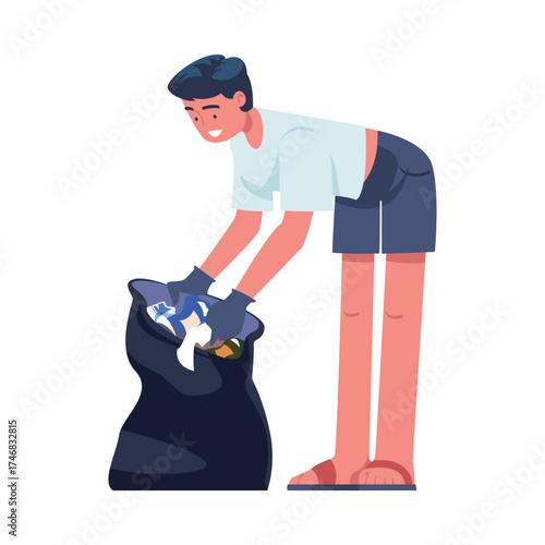 Man Character Collecting Garbage on Beach in Bag Vector Illustration