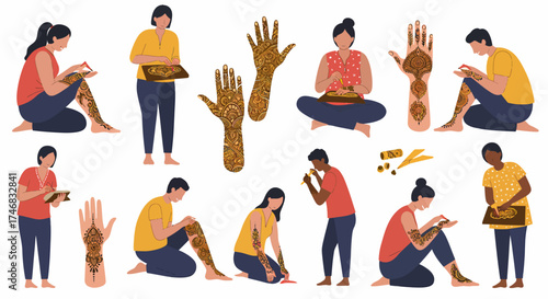 People applying intricate henna designs to hands arms and legs