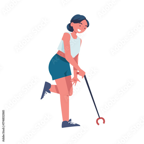 Woman Character Collecting Garbage on Beach with Stick Vector Illustration