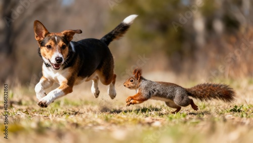Energetic Dog Enjoys Playful Chase with Agile Squirrel Across Sunny Outdoor Landscape