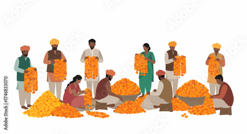 People stringing bright orange marigold flowers into garlands on a white background