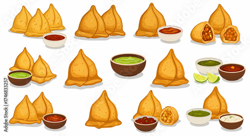 Seamless pattern of goldenbrown samosas with various dipping sauces