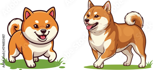 Adorable shiba inu puppy and adult dog cartoon characters standing on grass happy playful pet illustration vector design