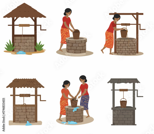 Six vignettes depicting women drawing water from brick wells some covered