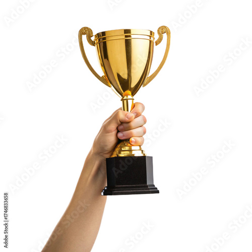 Hand holding a golden trophy cup. Champion celebrating victory and success. Isolated on transparent background, png