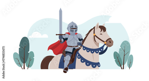 A brave knight in shining armor rides a majestic horse through a peaceful landscape.