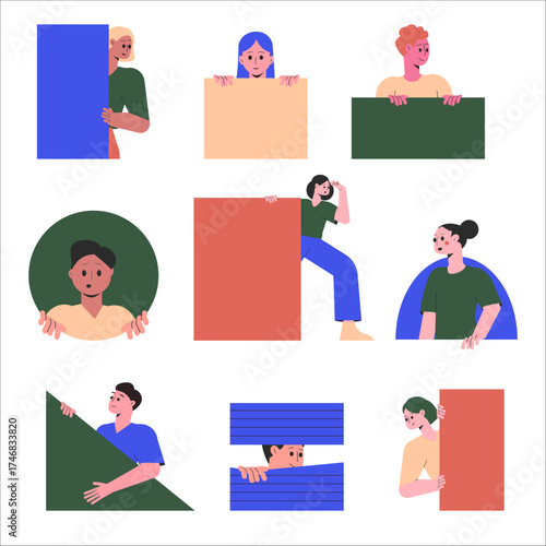People Character Peeking from Different Shape and Figure Vector Set