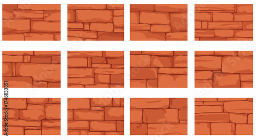 Twelve different rectangular textures of reddishbrown stacked stone walls