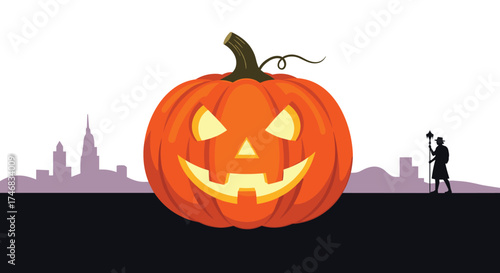 A giant carved jack-o-lantern dominates the skyline with a silhouette figure standing to the right.