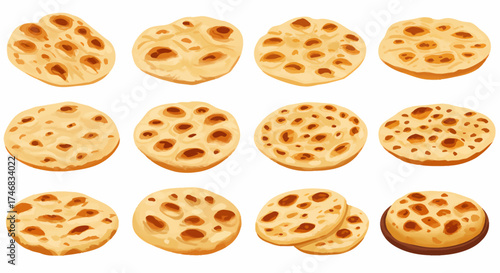 Twelve illustrated flatbreads varying in shape and texture against a white background