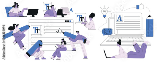 People Work with Text Editing and Writing Article Vector Set